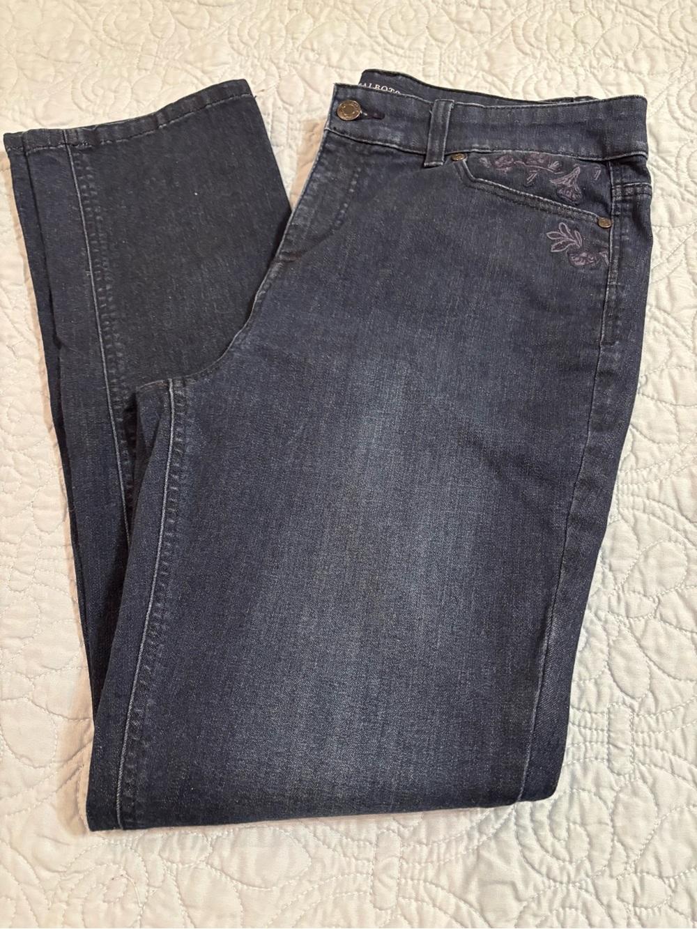 Talbots Dark Indigo Simply Flattering Jeans with Subtle Purple Embroidery